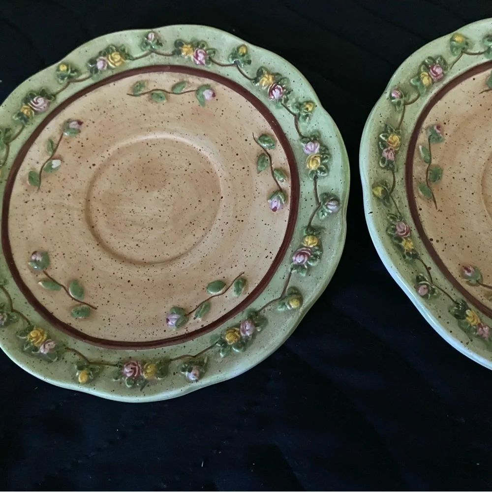 2 Vintage Bonnie Griffin Rosa Bella Floral Green Tan Tea Plates Cottagecore 6”